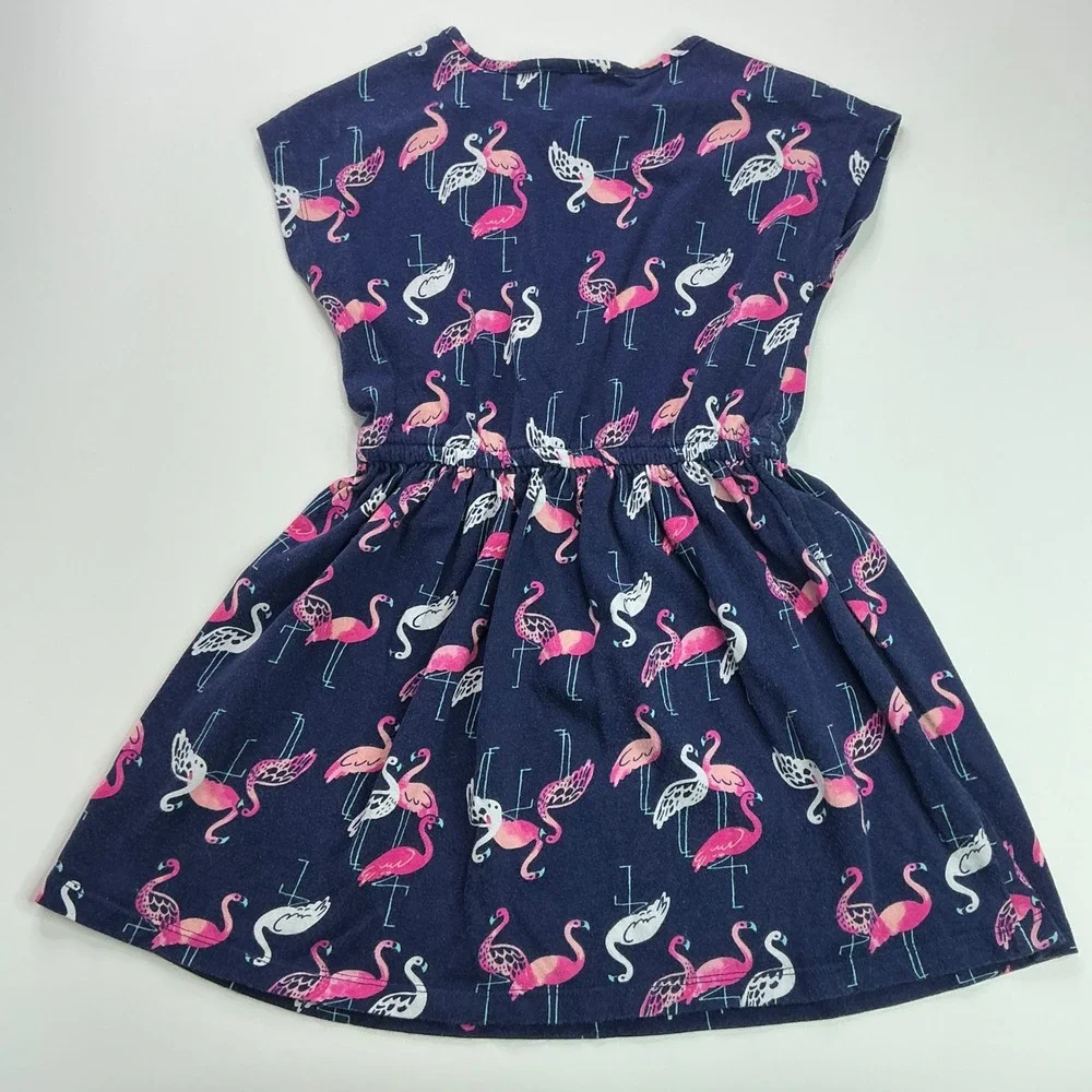 Gymboree Navy Blue Flamingo Dress Kids Size S 5-6 Cotton Jersey Cap Sleeve